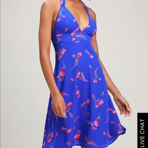NWT Lulu’s Jamila blue halter floral print dress L